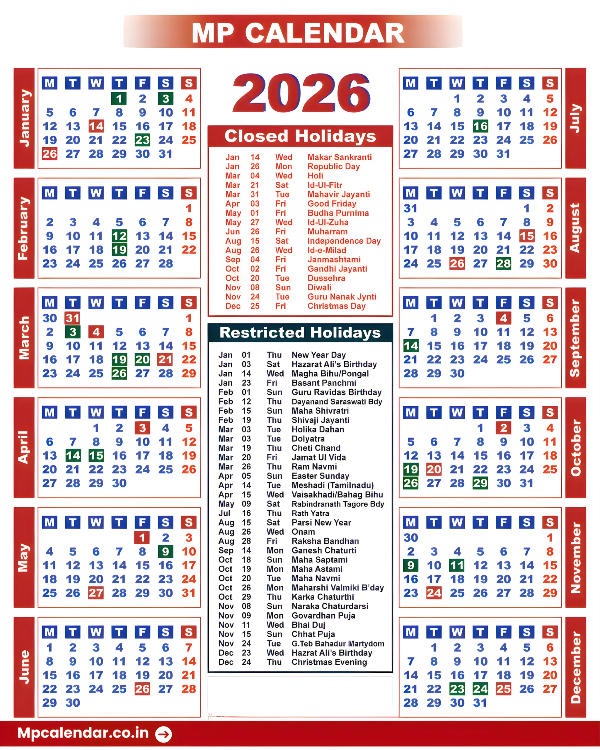 MP govt calendar 2026